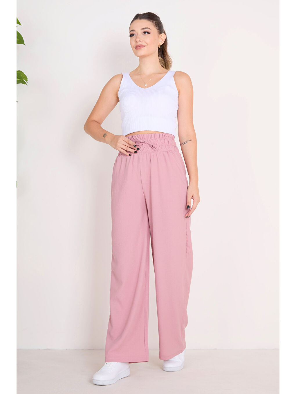 Pembe Beli Lastikli Pantolon Gül - 27074-2