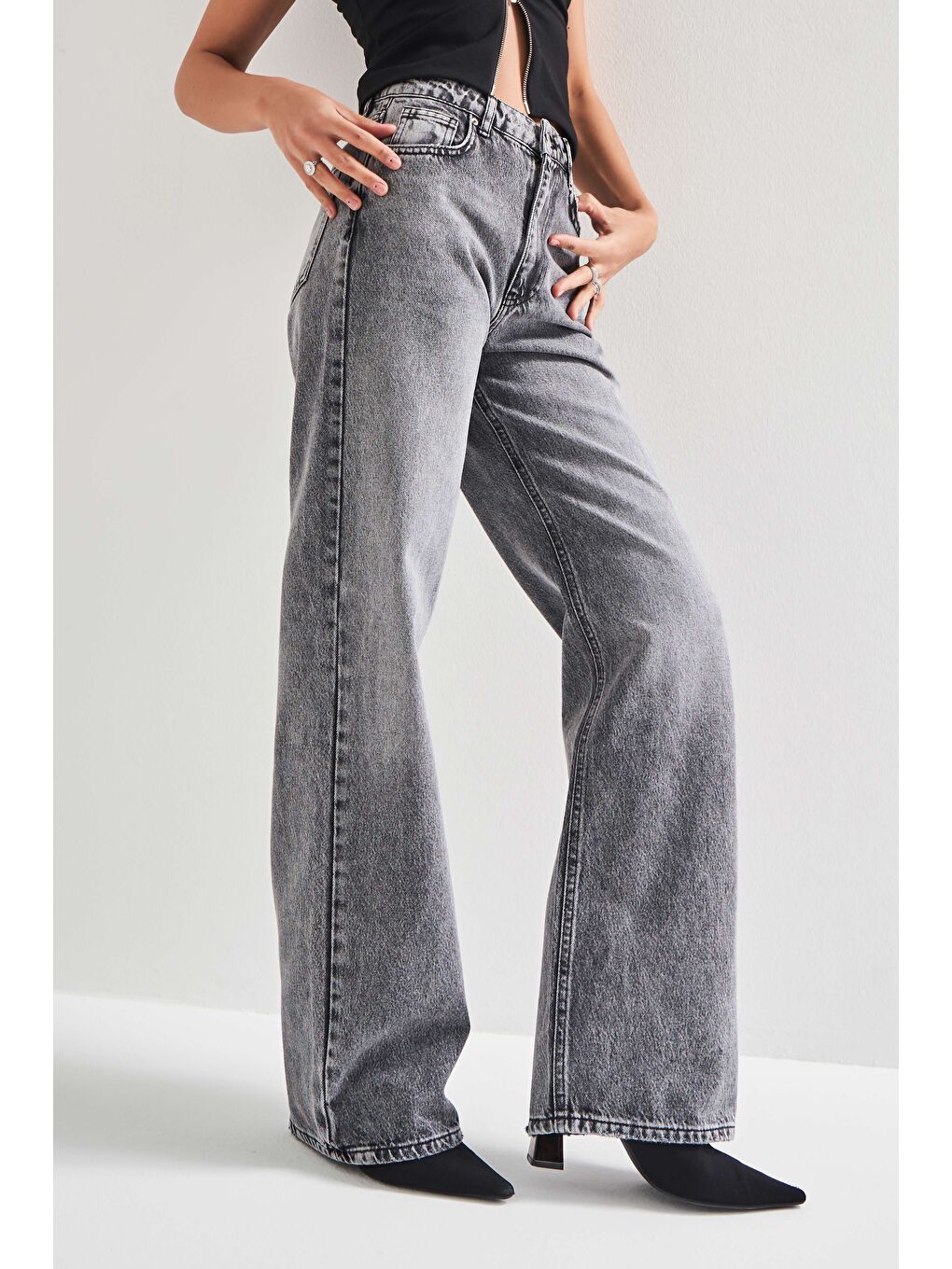 Gri Kadın Füme Renk 4S513 Straight Fit %100 Pamuk Denim-1