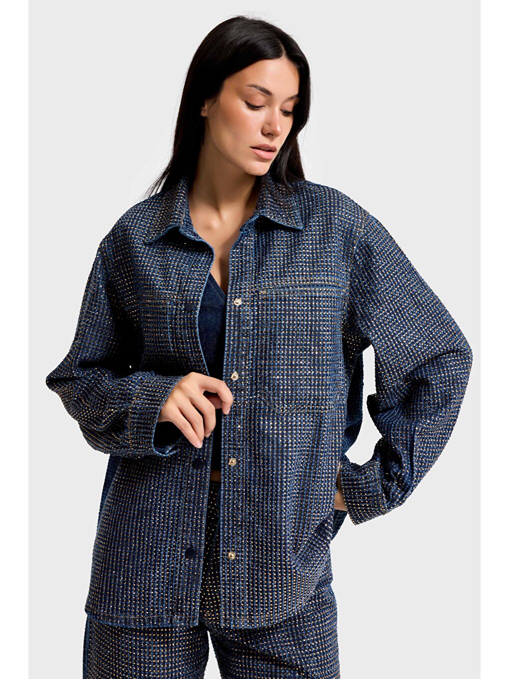 Mavi Kadın T.Kot Rengi T-1w5-7 Oversize Parlak Taşlı Özel Tasarım Denim Ceket-4