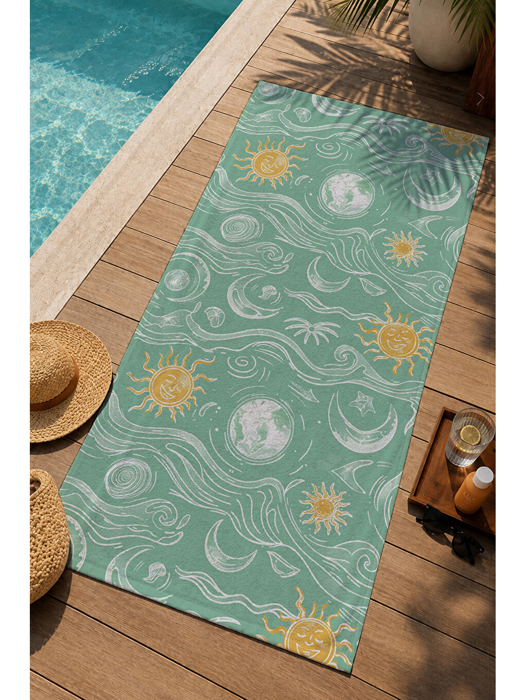 Mint Yeşili Güneş Dalga Ve Deniz Motifli 70x150 Cm Dijital Baskılı Plaj Ve Banyo Havlusu-2