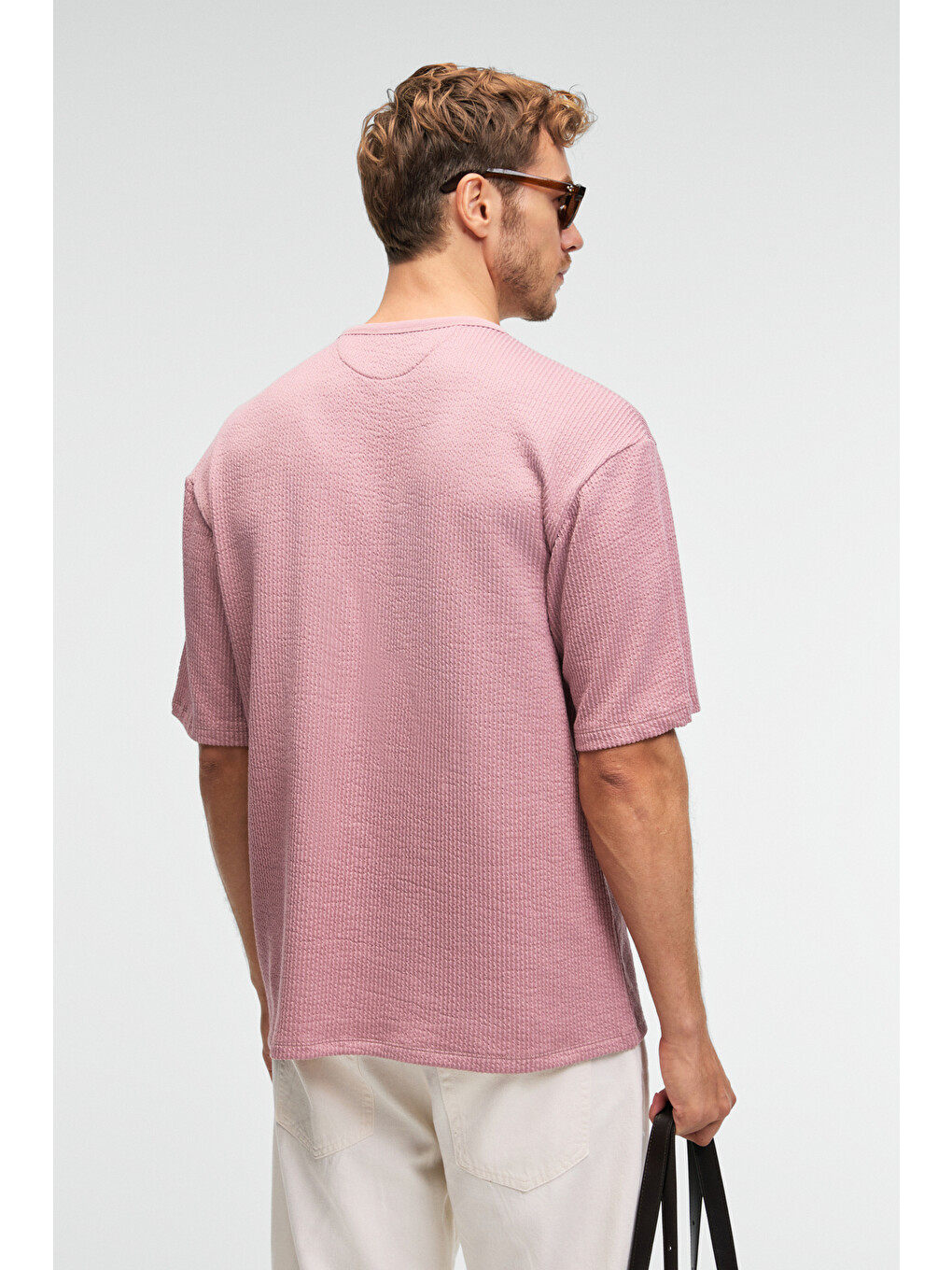 Vıntage Erkek Kısa Kollu Yuvarlak Yaka Dokulu Gofre Kumaş Regular Fit Pembe T-shirt-5