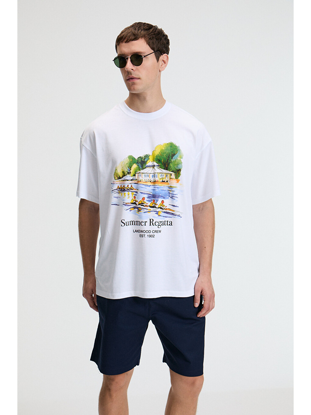 Erkek %100 Pamuk Oversize Fit Baskılı Kısa Kollu Yuvarlak Yakalı Beyaz Tişört-1