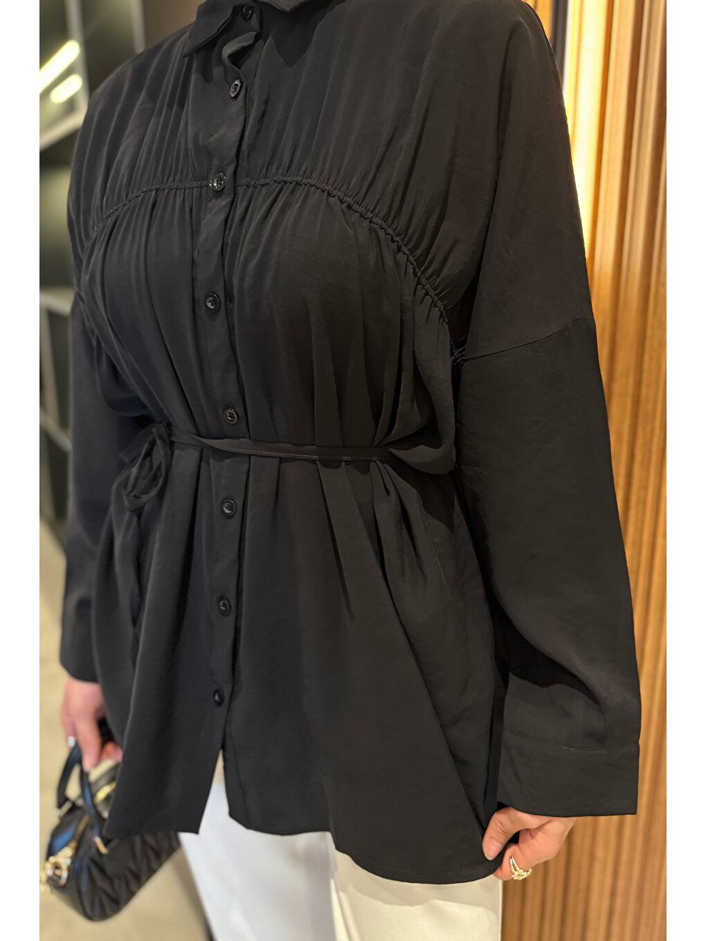 Siyah Kadın Ön Büzgü Detaylı Bel Bağlamalı Tesettür Tunik-5