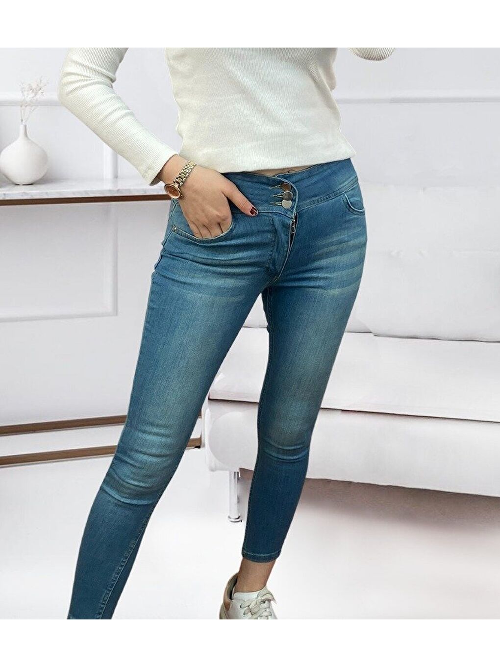 Yeşil Yüksel Bel Elastanlı Jean Pantolon