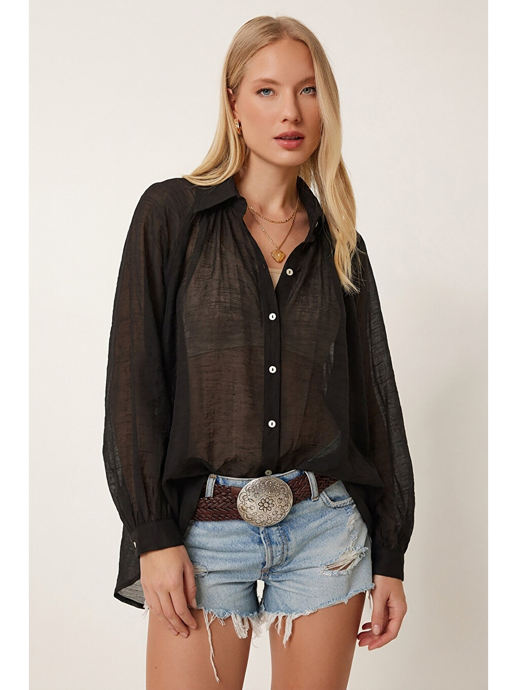 Siyah Balon Kollu Transparan Oversize Gömlek SİYAH LYY0141-1