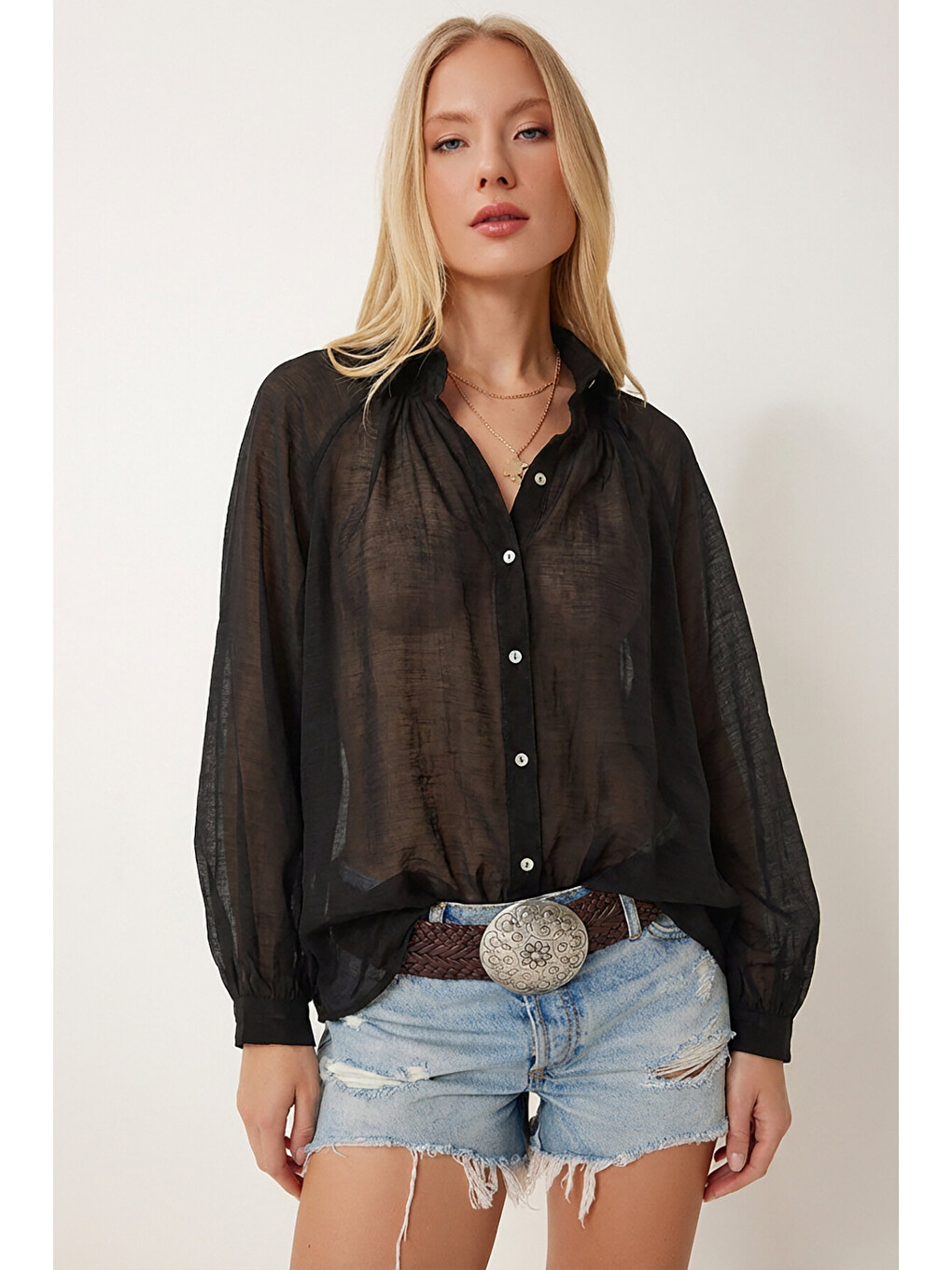 Siyah Balon Kollu Transparan Oversize Gömlek SİYAH LYY0141-2