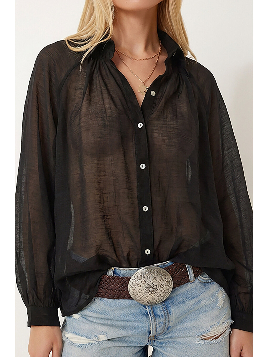 Siyah Balon Kollu Transparan Oversize Gömlek SİYAH LYY0141-3