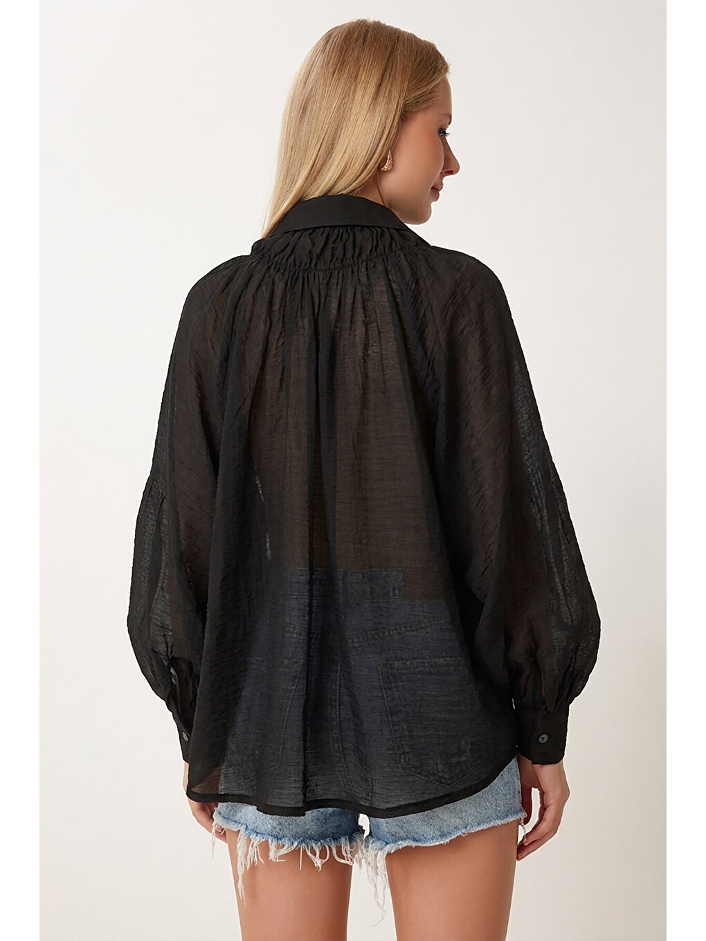 Siyah Balon Kollu Transparan Oversize Gömlek SİYAH LYY0141-4