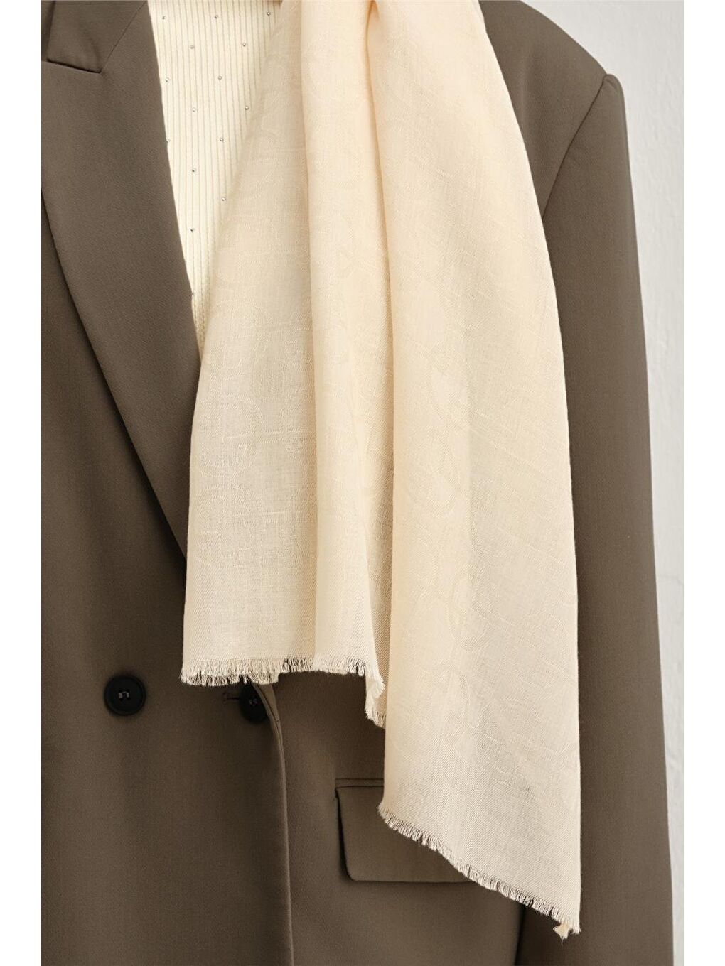 Bej Lyocell Yün Geometrik Desen Şal 04-1