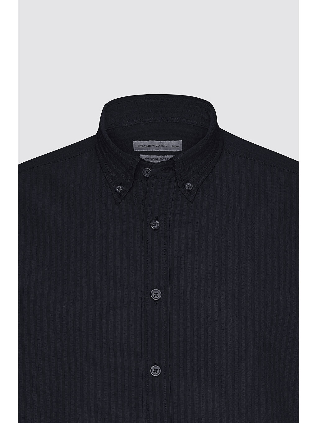 Erkek Siyah Slim Fit Dar Kesim Düğmeli Yaka %100 Pamuk Gömlek-2