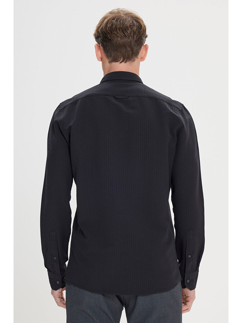Erkek Siyah Slim Fit Dar Kesim Düğmeli Yaka %100 Pamuk Gömlek-5