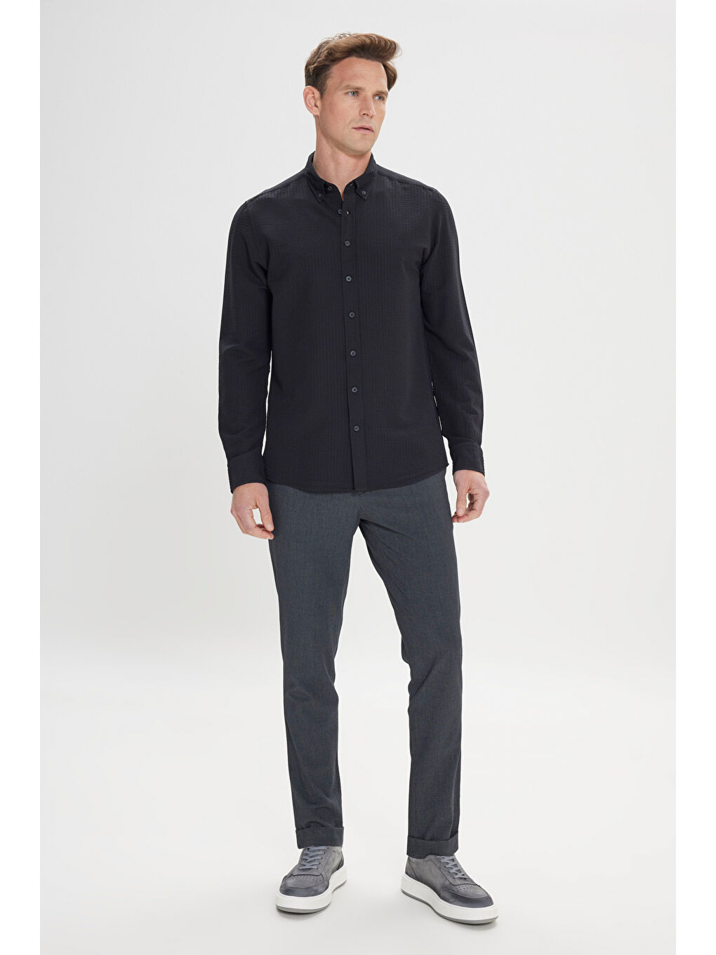 Erkek Siyah Slim Fit Dar Kesim Düğmeli Yaka %100 Pamuk Gömlek-7