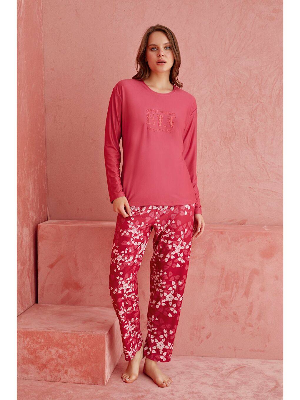 Bordo Elt Çiçek Desenli Uzun Kollu Örme Pijama Takımı