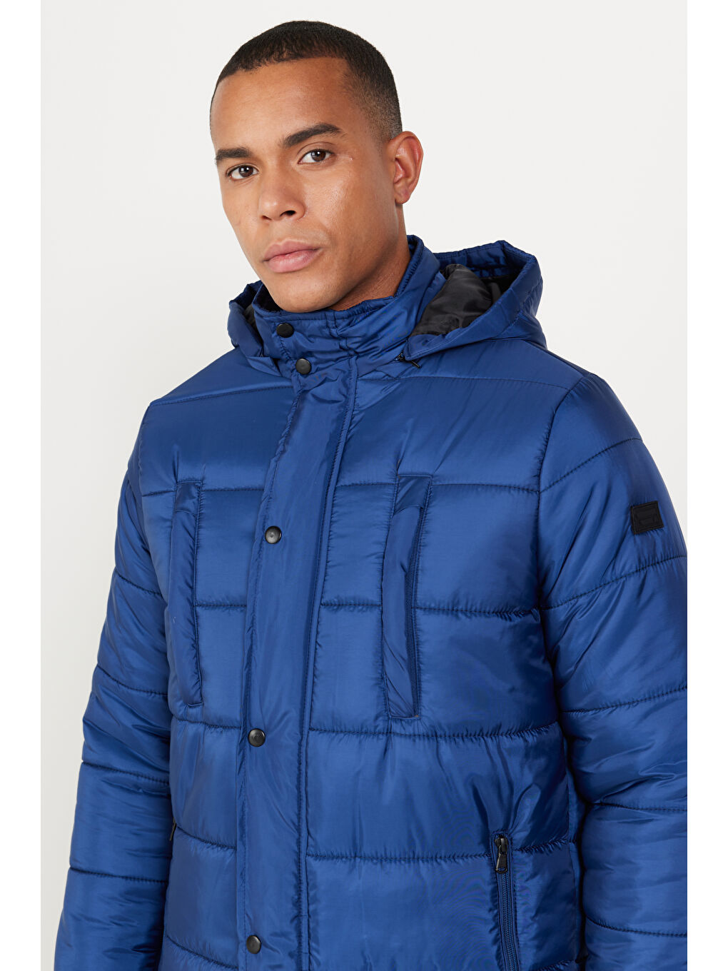 Erkek Mavi Standart Fit Normal Kesim Dik Yaka Dolgulu Outdoor Şişme Kaban Mont-3