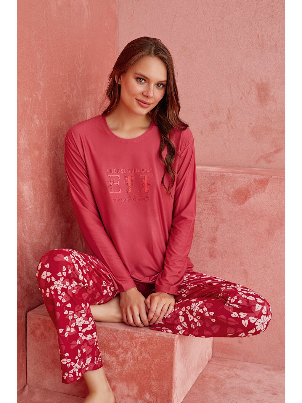 Bordo Elt Çiçek Desenli Uzun Kollu Örme Pijama Takımı-1