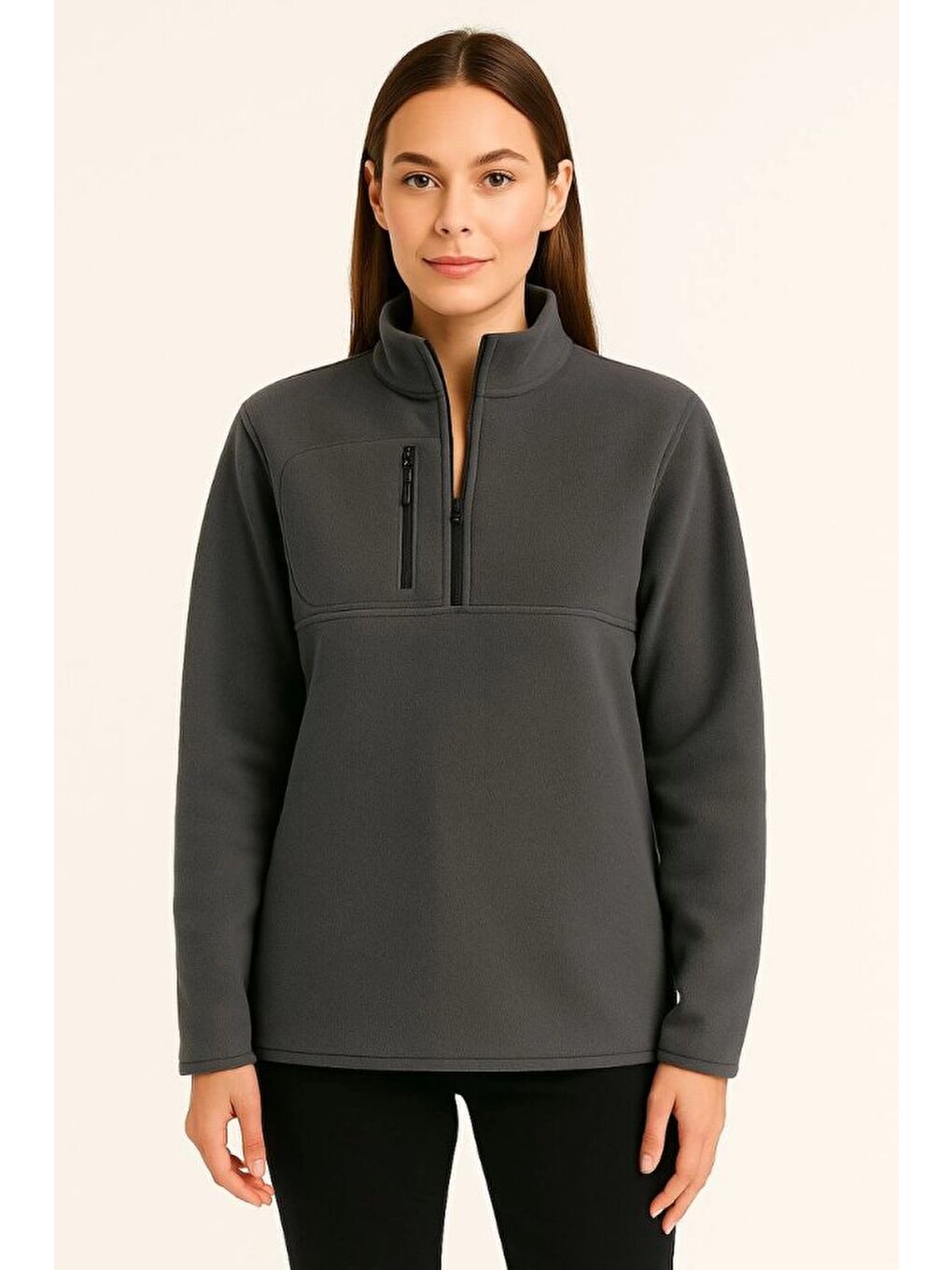 Gri Polar Kazak – Dik Yaka, Yarım Fermuarlı, Fermuarlı Göğüs Cepli, Siyah Biyeli, Kışlık Rahat Regular F