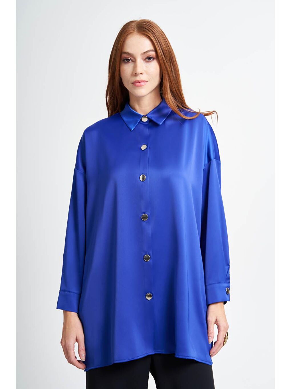 Mavi Metal Düğmeli Saks Tunik-1