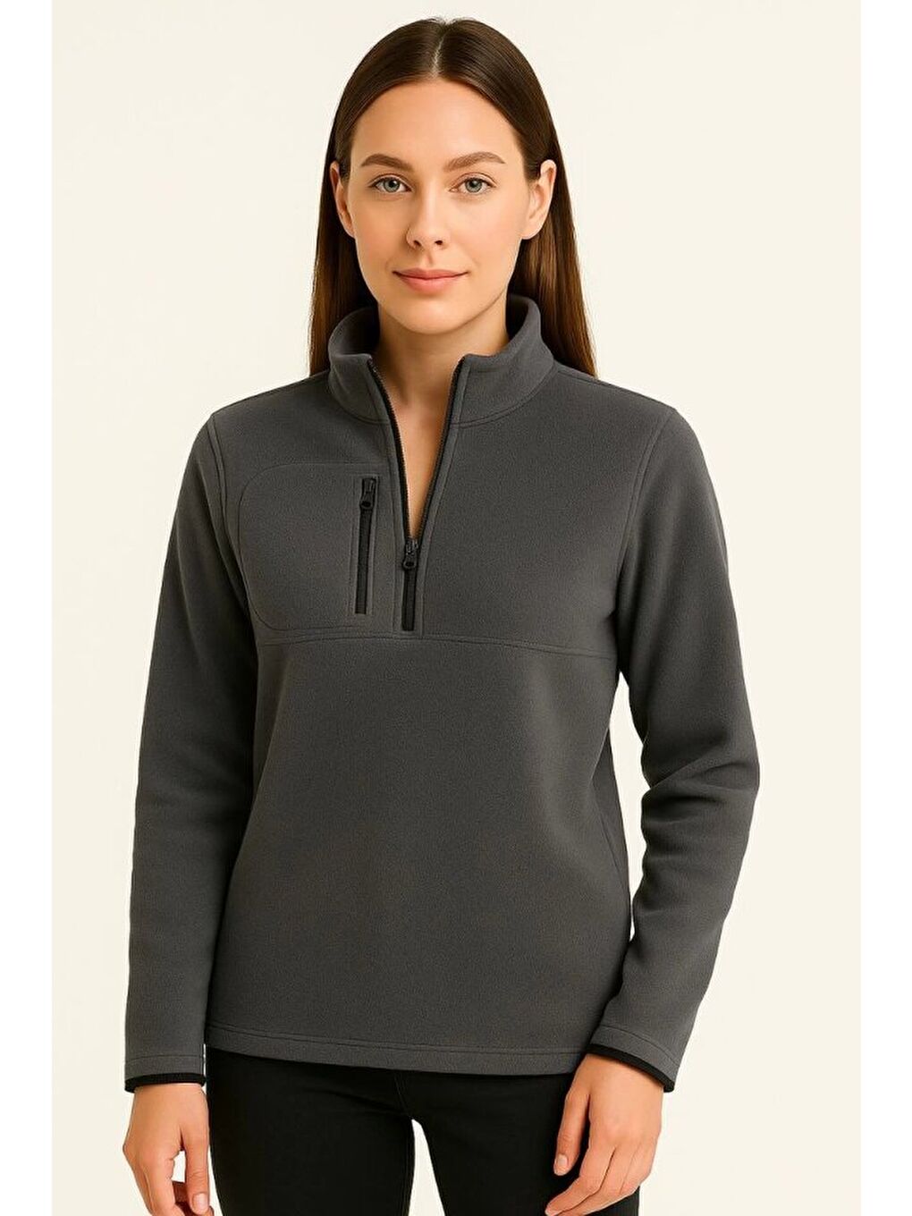 Gri Polar Kazak – Dik Yaka, Yarım Fermuarlı, Fermuarlı Göğüs Cepli, Siyah Biyeli, Kışlık Rahat Regular F-1