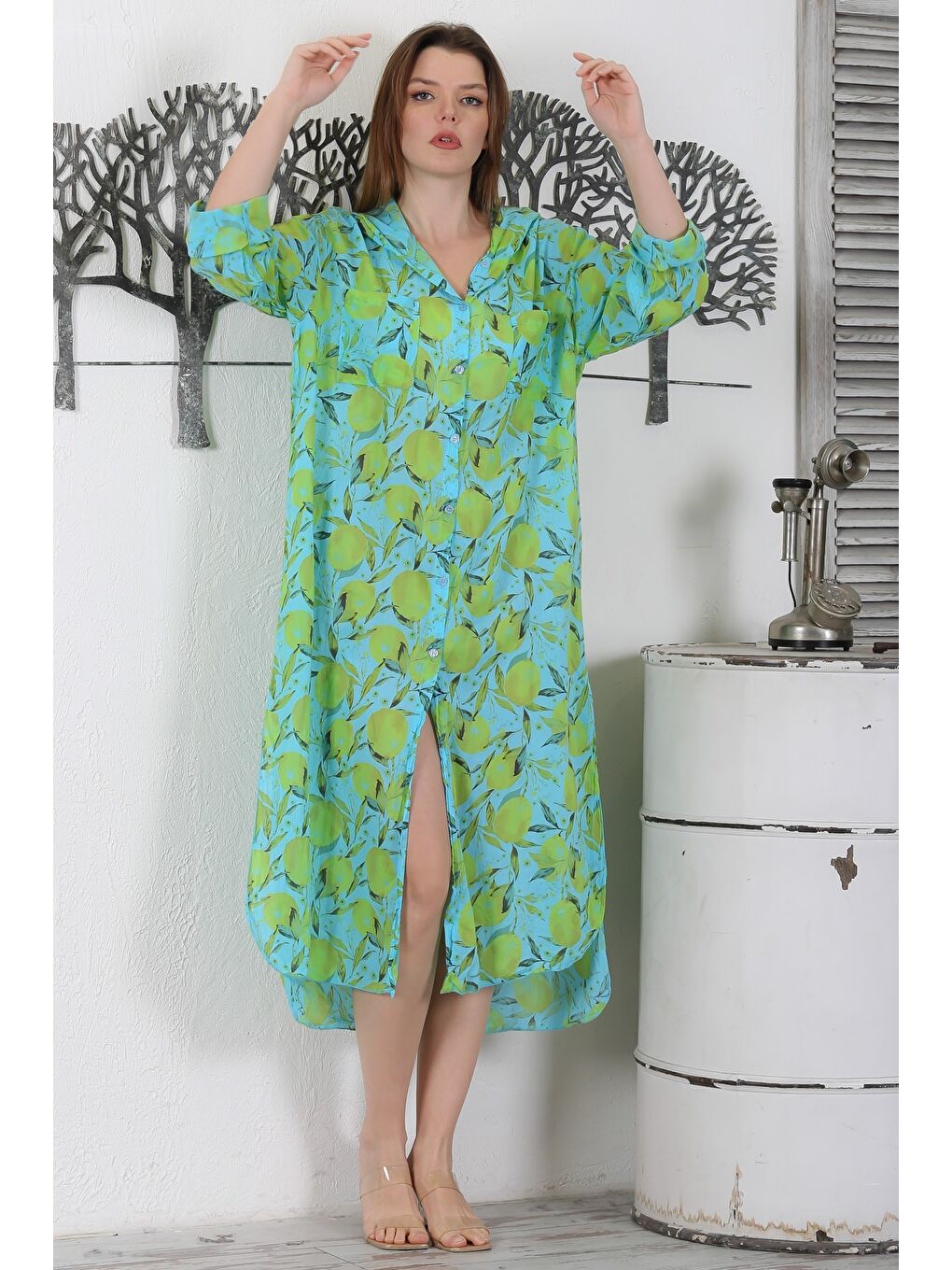 Yeşil İtalyan Turkuaz Limon Düğmeli Uzun Kollu Desenli Çift Cepli Kapüşonlu Dokuma Yazlık Elbise 130 65