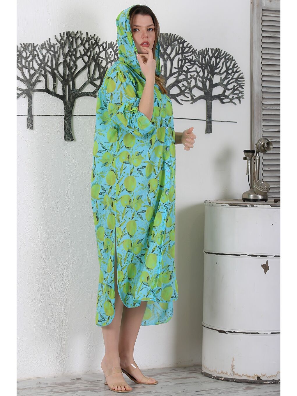 Yeşil İtalyan Turkuaz Limon Düğmeli Uzun Kollu Desenli Çift Cepli Kapüşonlu Dokuma Yazlık Elbise 130 65-2