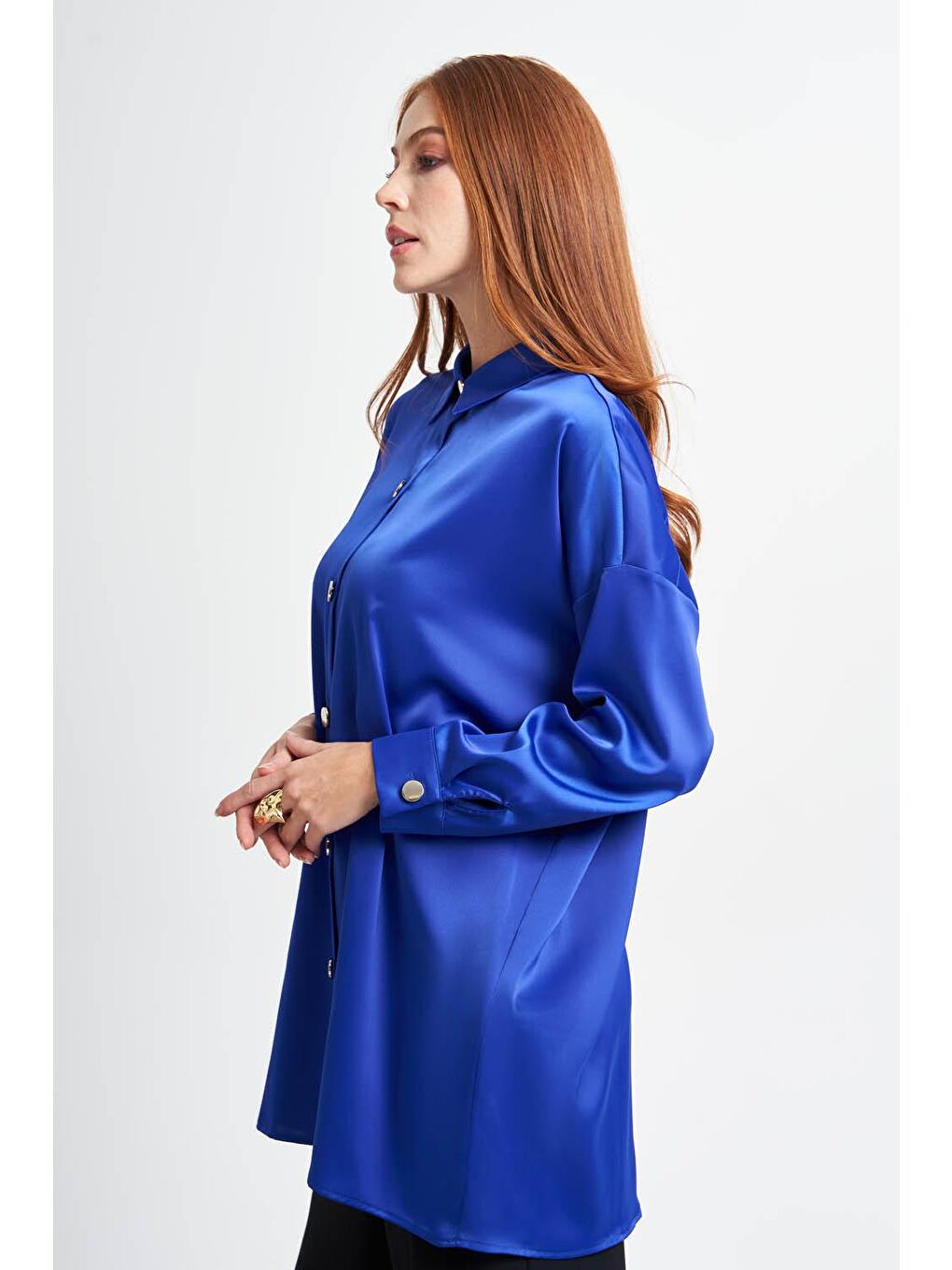 Mavi Metal Düğmeli Saks Tunik-2