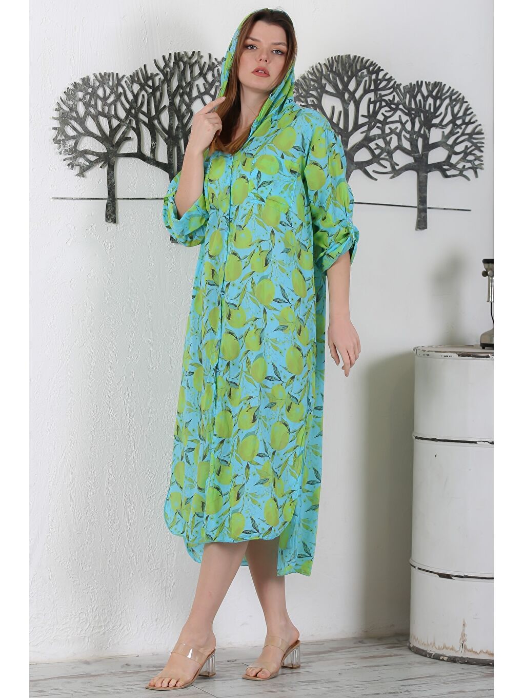 Yeşil İtalyan Turkuaz Limon Düğmeli Uzun Kollu Desenli Çift Cepli Kapüşonlu Dokuma Yazlık Elbise 130 65-3