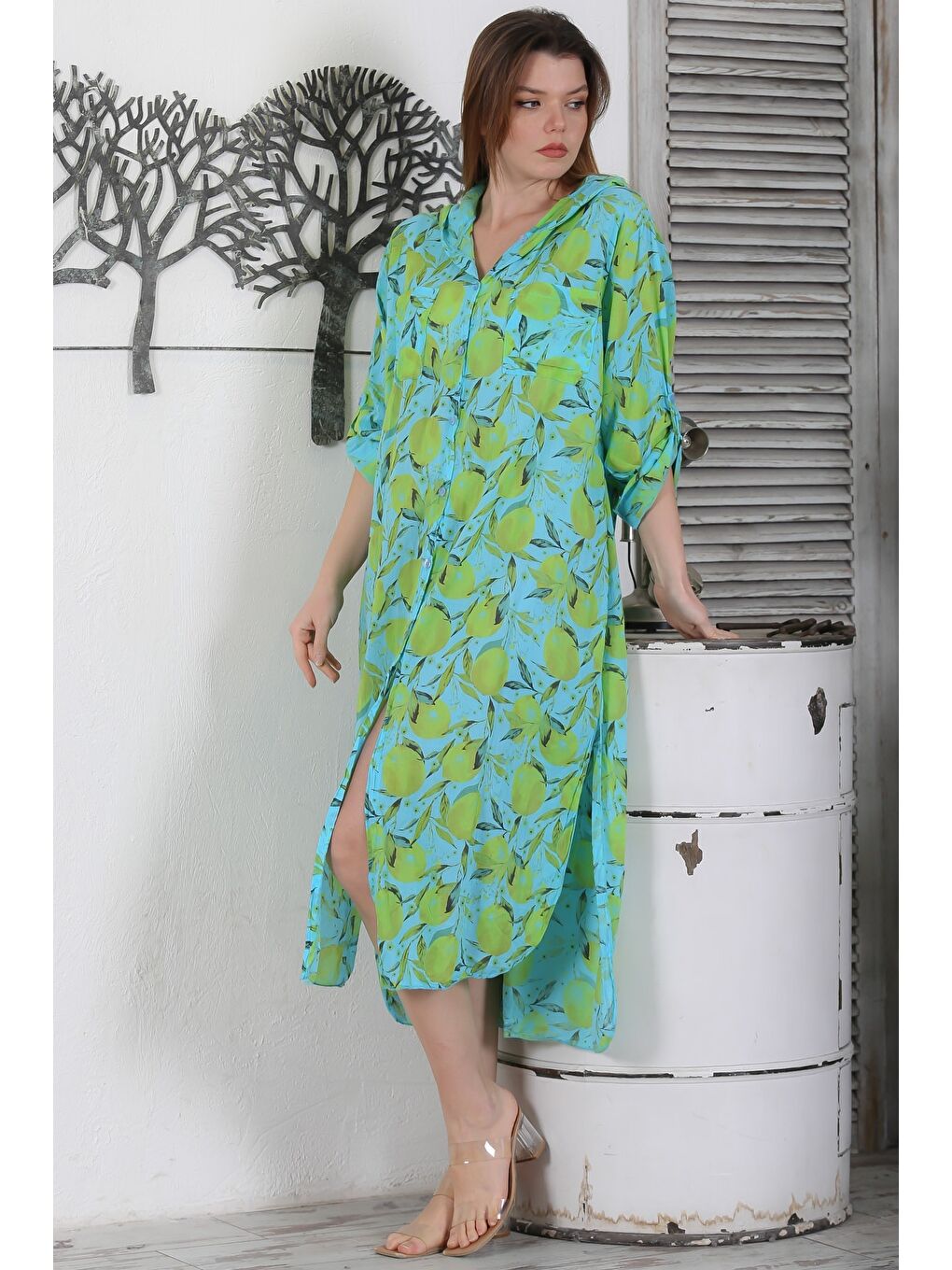 Yeşil İtalyan Turkuaz Limon Düğmeli Uzun Kollu Desenli Çift Cepli Kapüşonlu Dokuma Yazlık Elbise 130 65-4