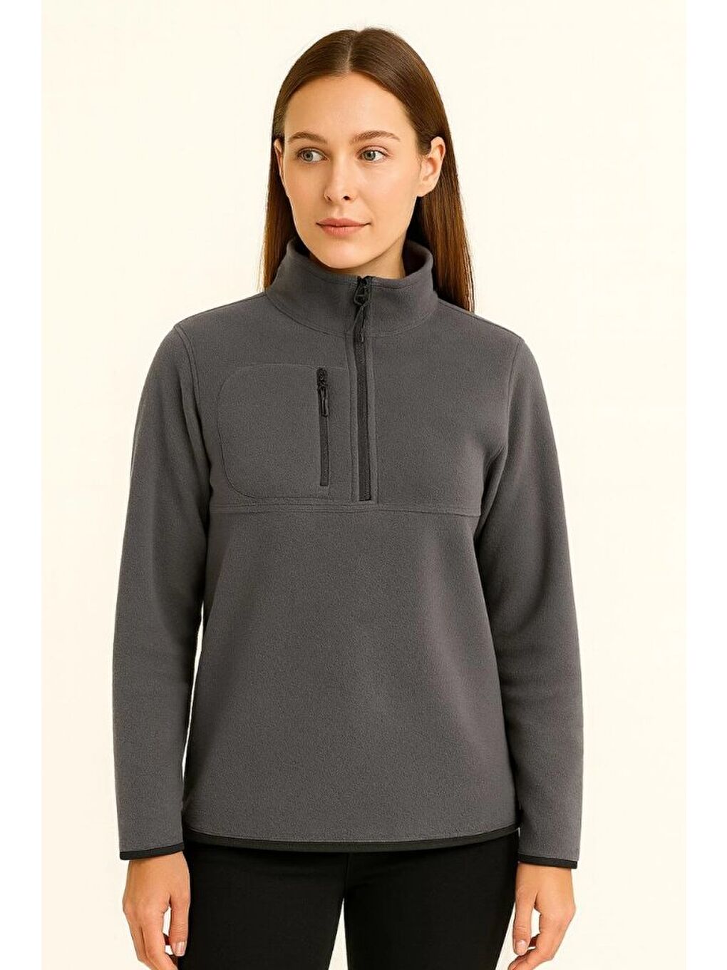 Gri Polar Kazak – Dik Yaka, Yarım Fermuarlı, Fermuarlı Göğüs Cepli, Siyah Biyeli, Kışlık Rahat Regular F-2