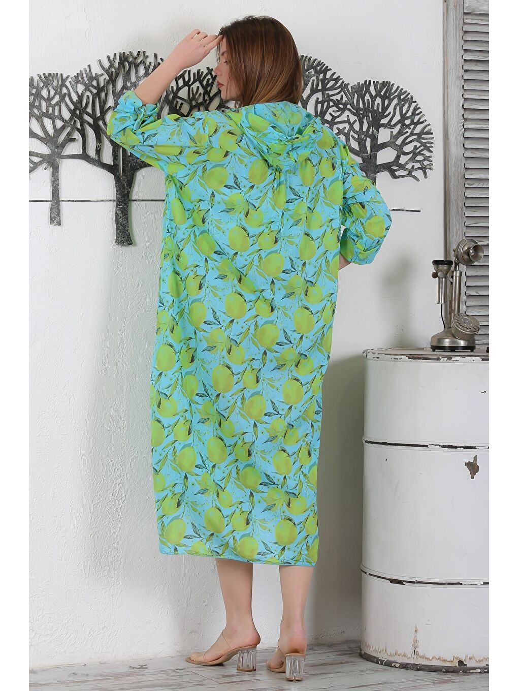 Yeşil İtalyan Turkuaz Limon Düğmeli Uzun Kollu Desenli Çift Cepli Kapüşonlu Dokuma Yazlık Elbise 130 65-5