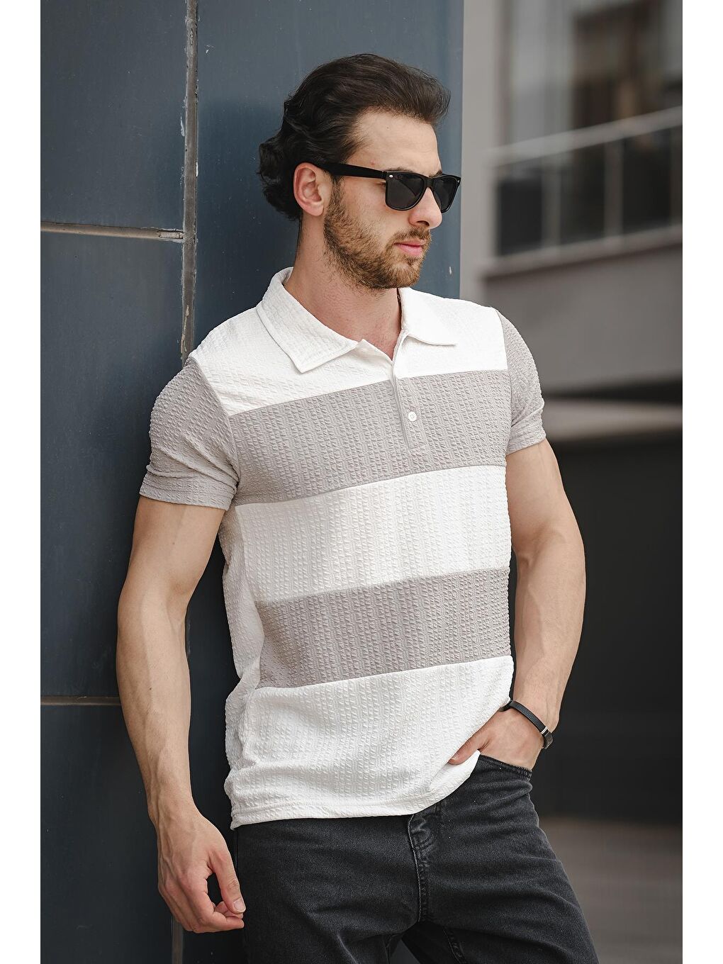 Gri Polo Yaka Kısa Kollu Erkek Tişört-1
