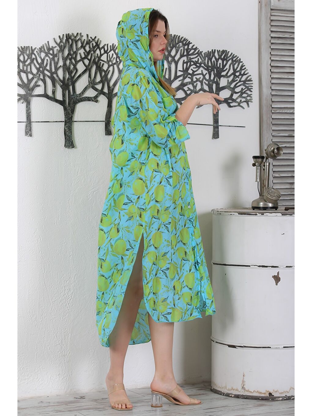 Yeşil İtalyan Turkuaz Limon Düğmeli Uzun Kollu Desenli Çift Cepli Kapüşonlu Dokuma Yazlık Elbise 130 65-6