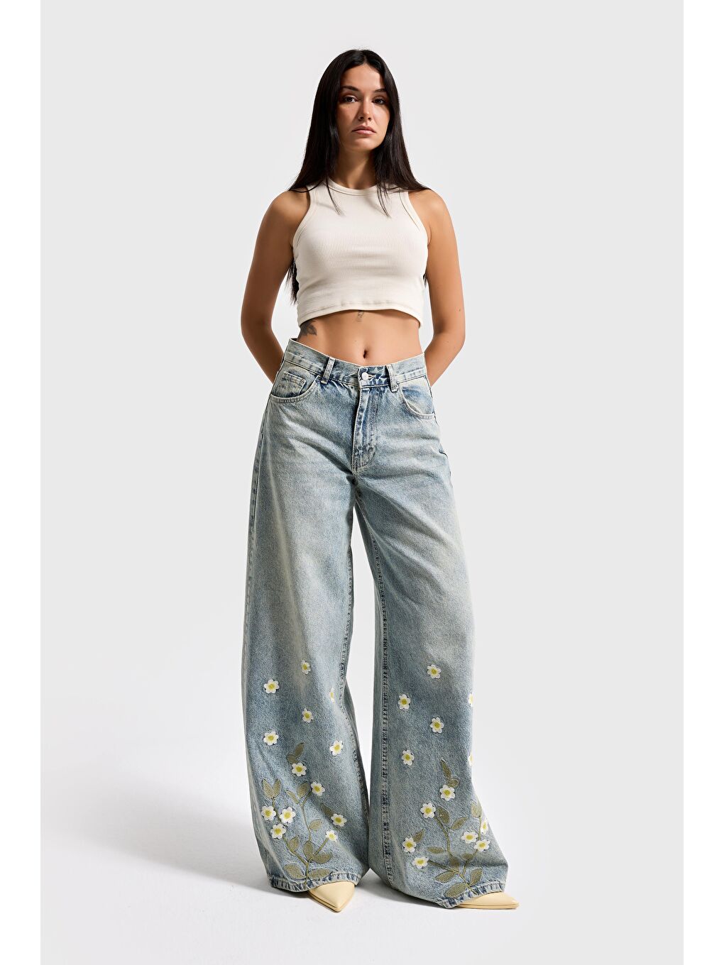Mavi Kadın T.Kot Rengi 4s6-67 Palazzo Fit Özel Çiçek Nakışlı Tasarım Denim Jean-1