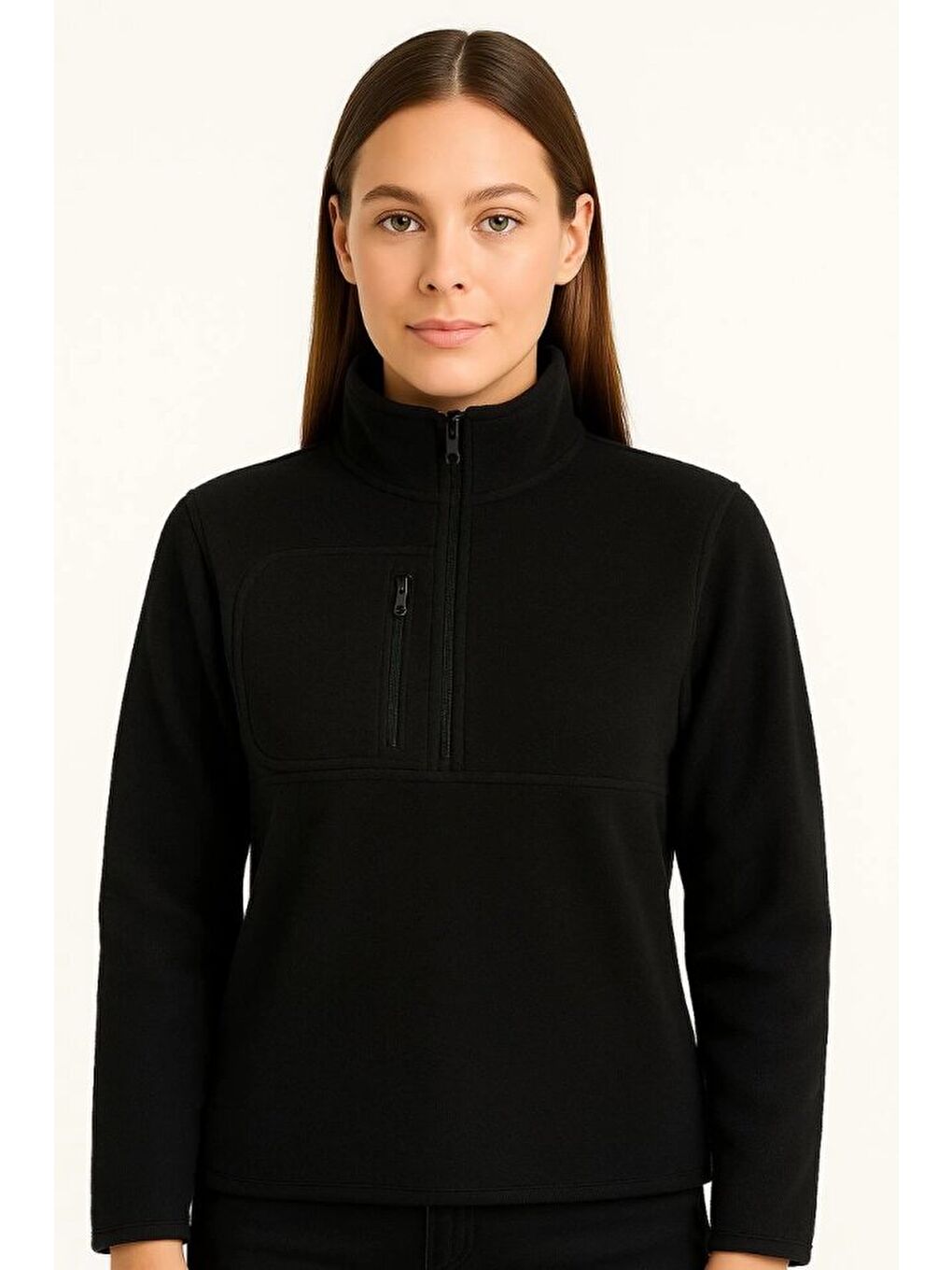 Polar Kazak – Dik Yaka, Yarım Fermuarlı, Fermuarlı Göğüs Cepli, Siyah Biyeli, Kışlık Rahat Regular F