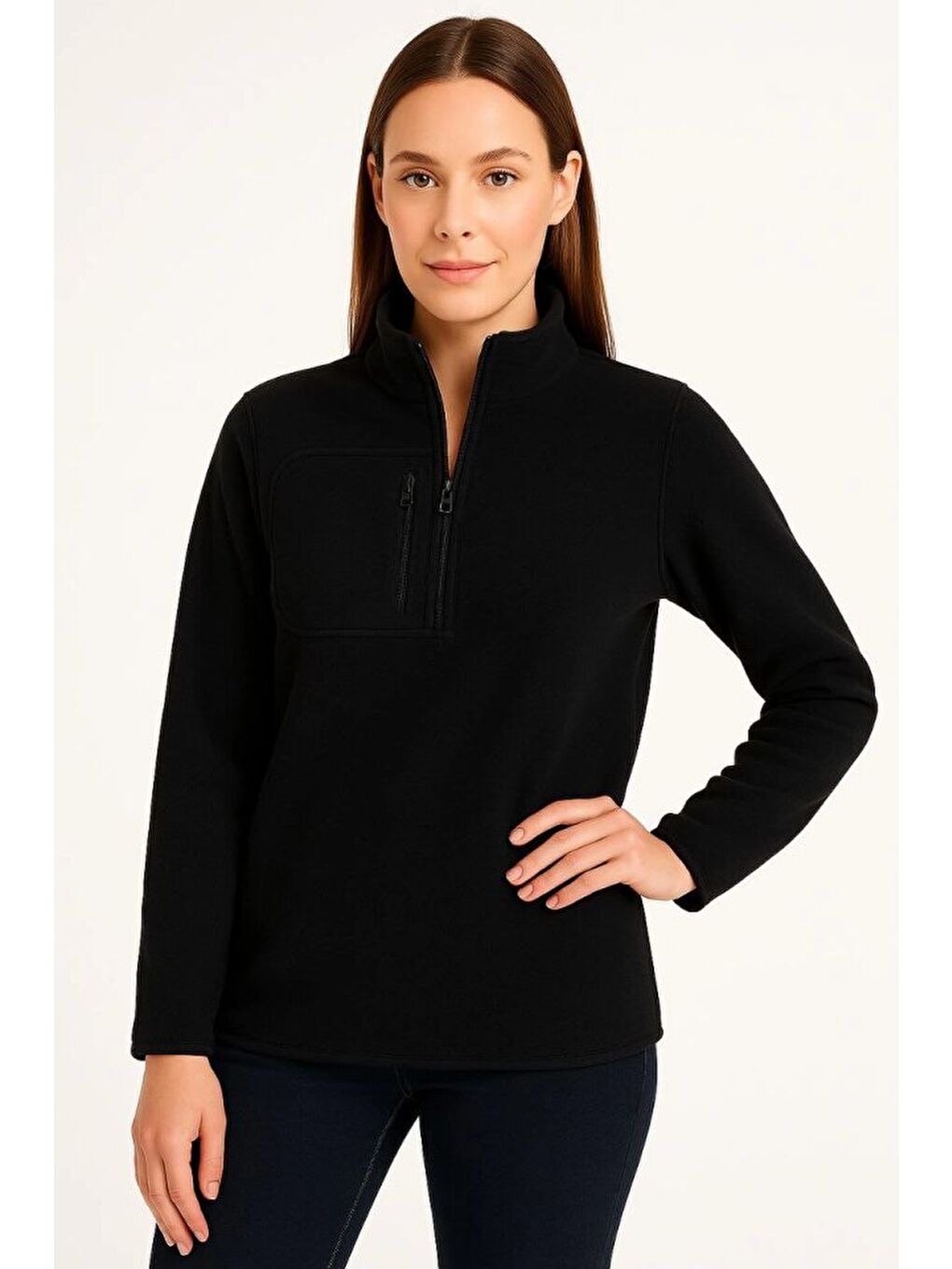 Polar Kazak – Dik Yaka, Yarım Fermuarlı, Fermuarlı Göğüs Cepli, Siyah Biyeli, Kışlık Rahat Regular F-1