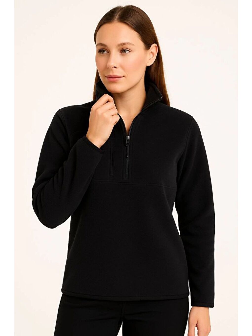 Polar Kazak – Dik Yaka, Yarım Fermuarlı, Fermuarlı Göğüs Cepli, Siyah Biyeli, Kışlık Rahat Regular F-2