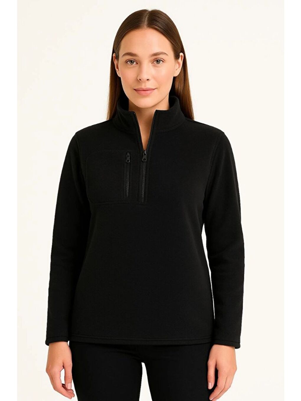 Polar Kazak – Dik Yaka, Yarım Fermuarlı, Fermuarlı Göğüs Cepli, Siyah Biyeli, Kışlık Rahat Regular F-3