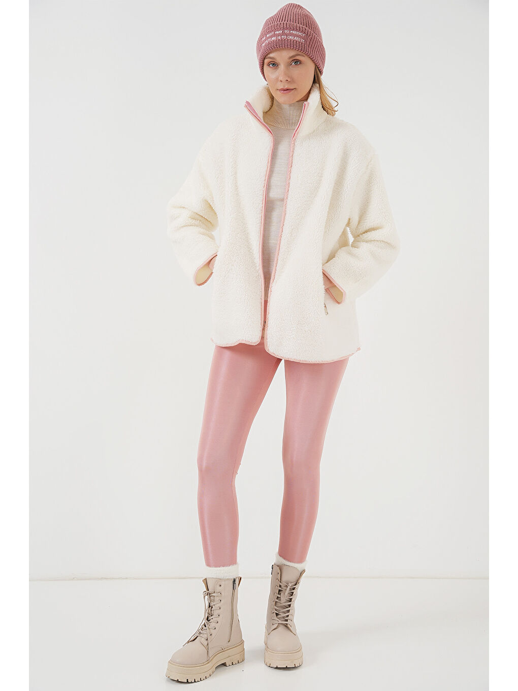 5211 Fermuarlı Pelüş Mont   Pembe-1