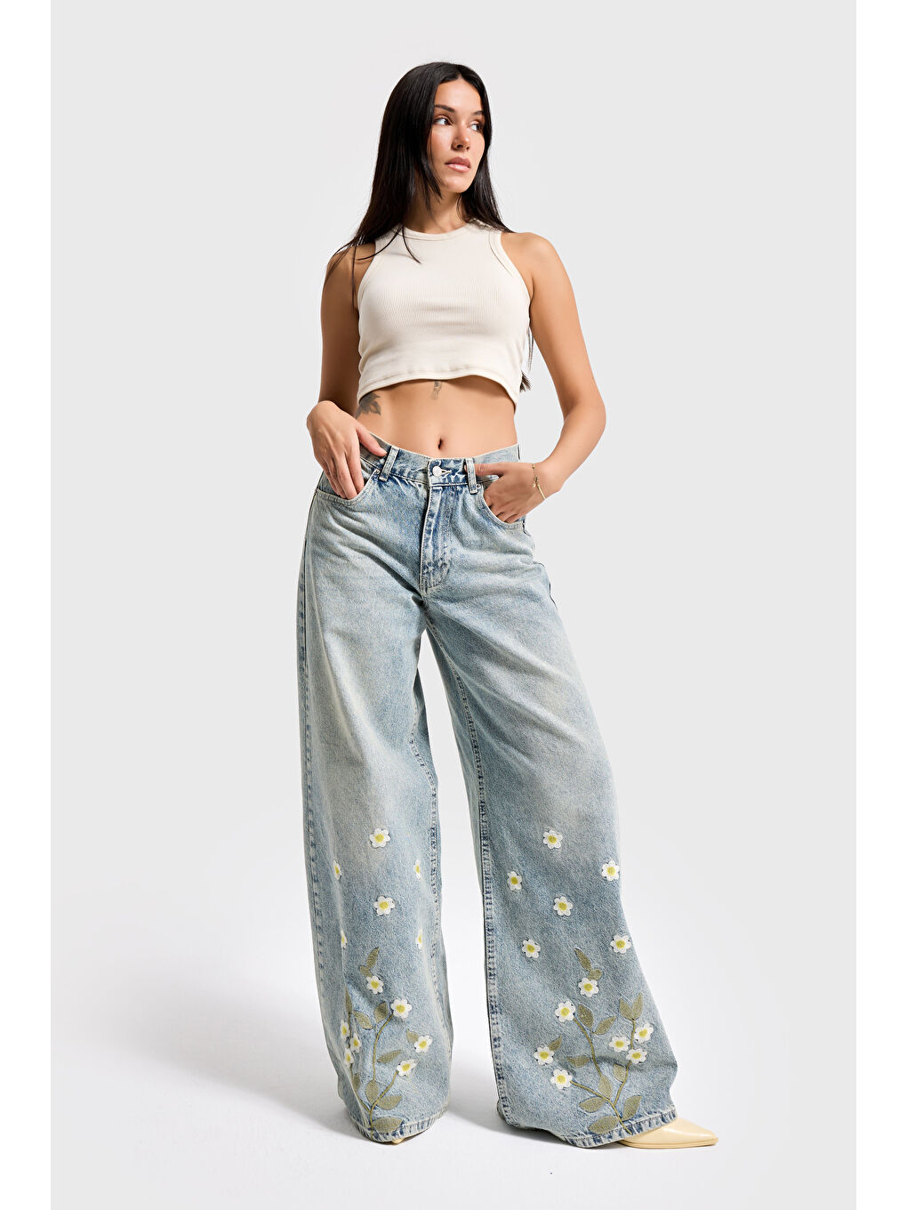 Mavi Kadın T.Kot Rengi 4s6-67 Palazzo Fit Özel Çiçek Nakışlı Tasarım Denim Jean-3