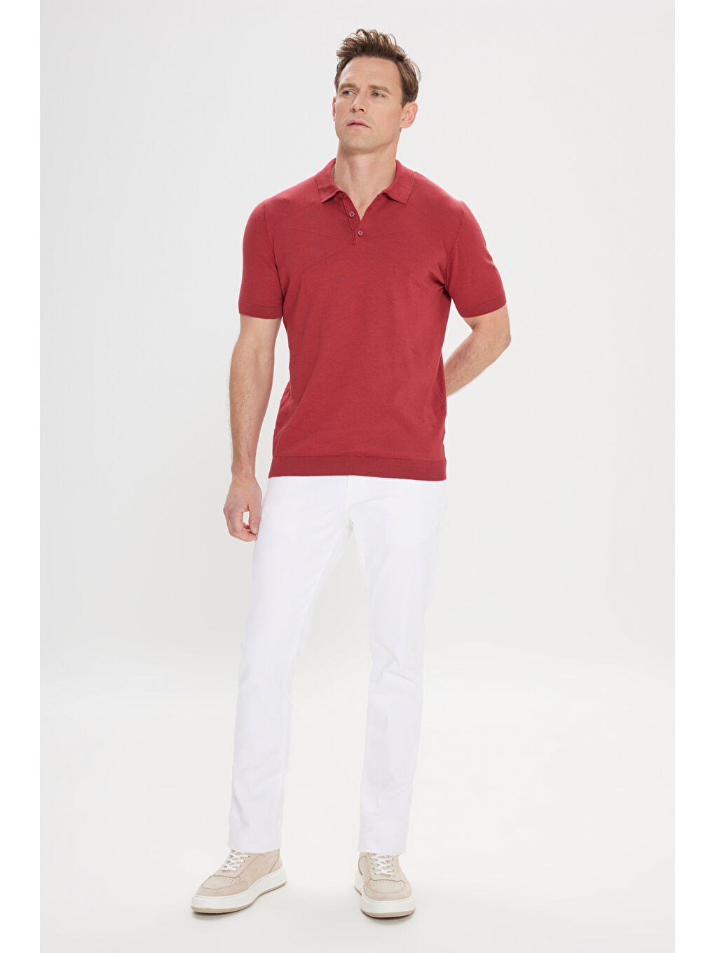Erkek Bordo %100 Pamuk Standart Fit Normal Kesim Jakarlı Kendinden Desenli Polo Yaka Triko Kazak-1