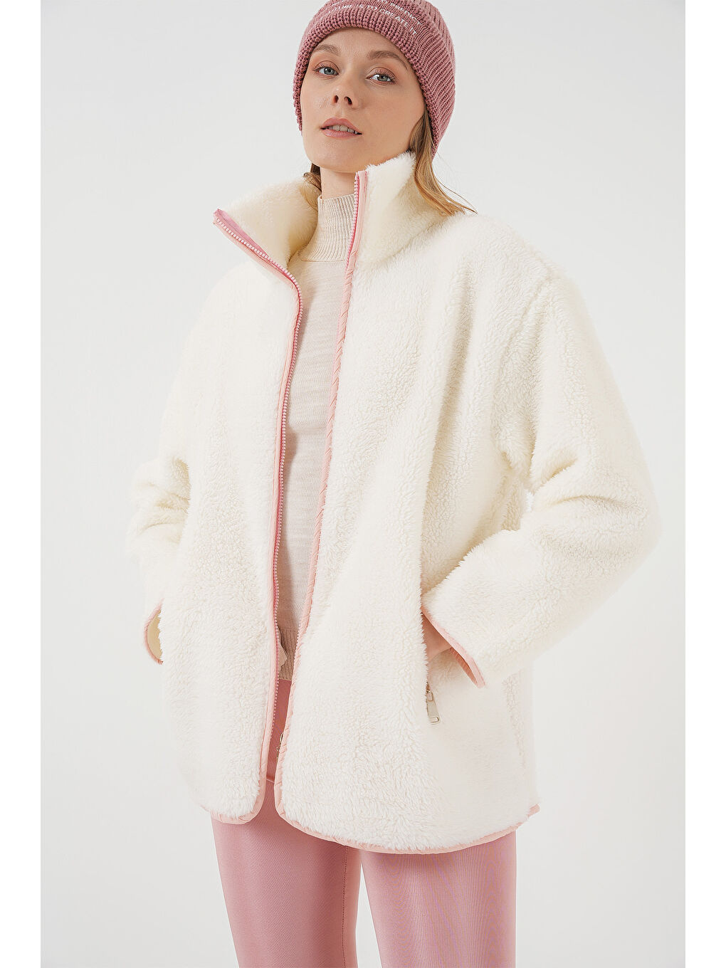 5211 Fermuarlı Pelüş Mont   Pembe-2