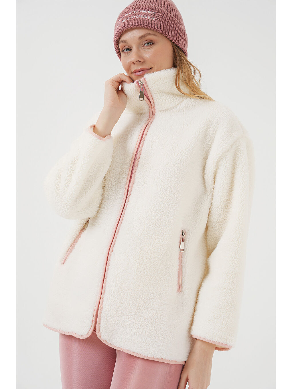 5211 Fermuarlı Pelüş Mont   Pembe-3