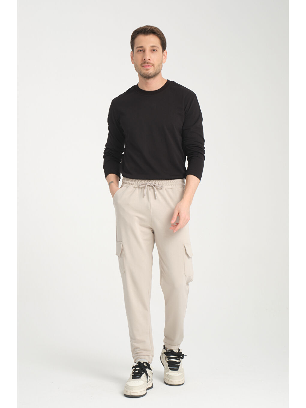 Bej Yan Kargo Cepli Kompak Erkek Pantolon 3056-1