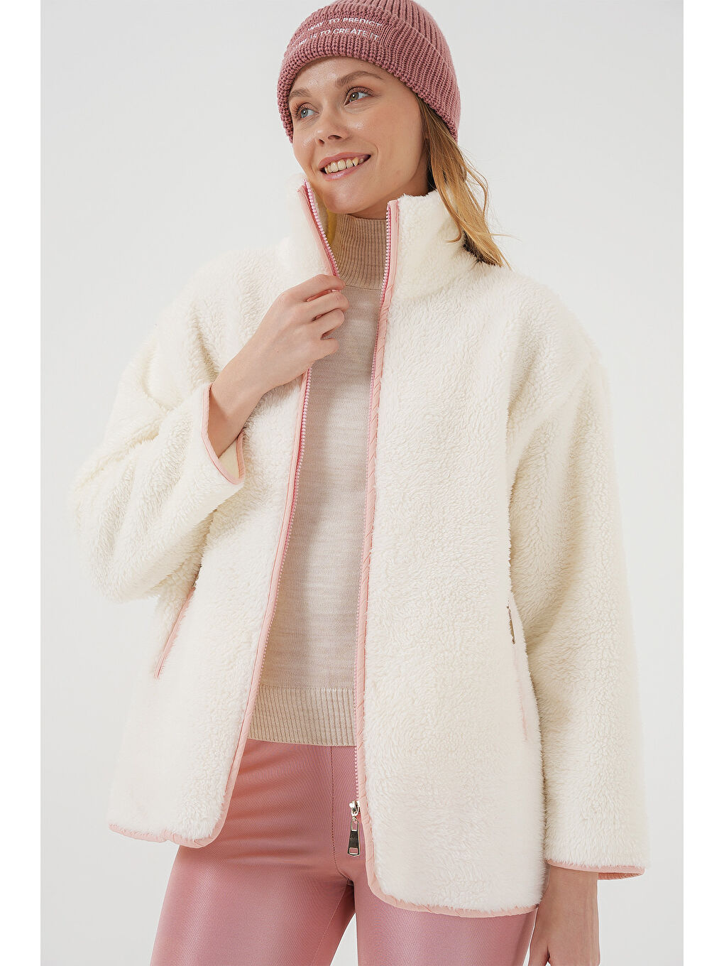 5211 Fermuarlı Pelüş Mont   Pembe-4