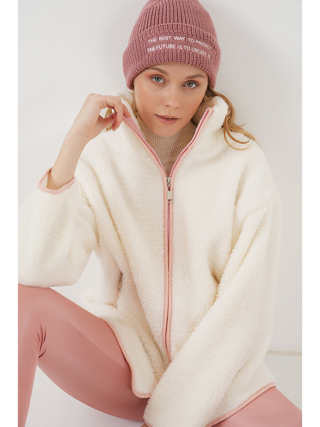 5211 Fermuarlı Pelüş Mont   Pembe-5