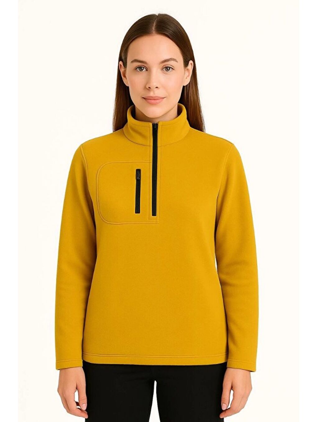 Sarı Polar Kazak – Dik Yaka, Yarım Fermuarlı, Fermuarlı Göğüs Cepli, Siyah Biyeli, Kışlık Rahat Regular F-1