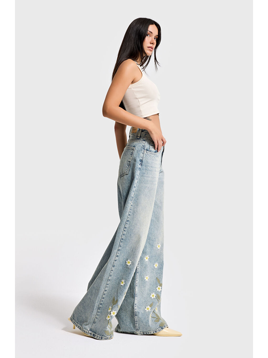 Mavi Kadın T.Kot Rengi 4s6-67 Palazzo Fit Özel Çiçek Nakışlı Tasarım Denim Jean-4