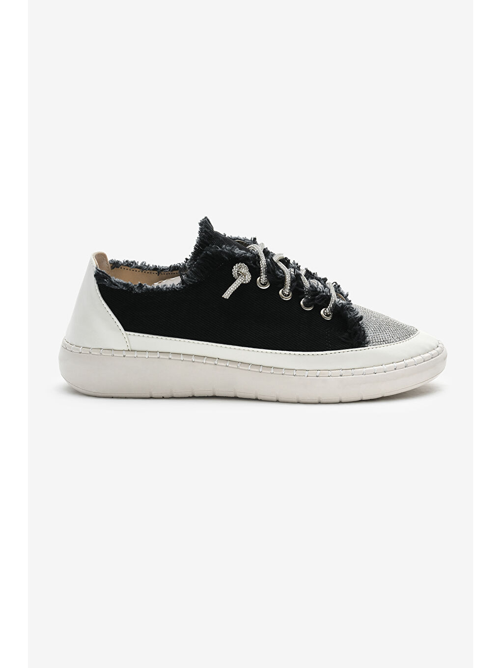 Kadın Siyah Poli Taban Denim Kumaş Taşlı Bağcıklı Spor Ayakkabı-1