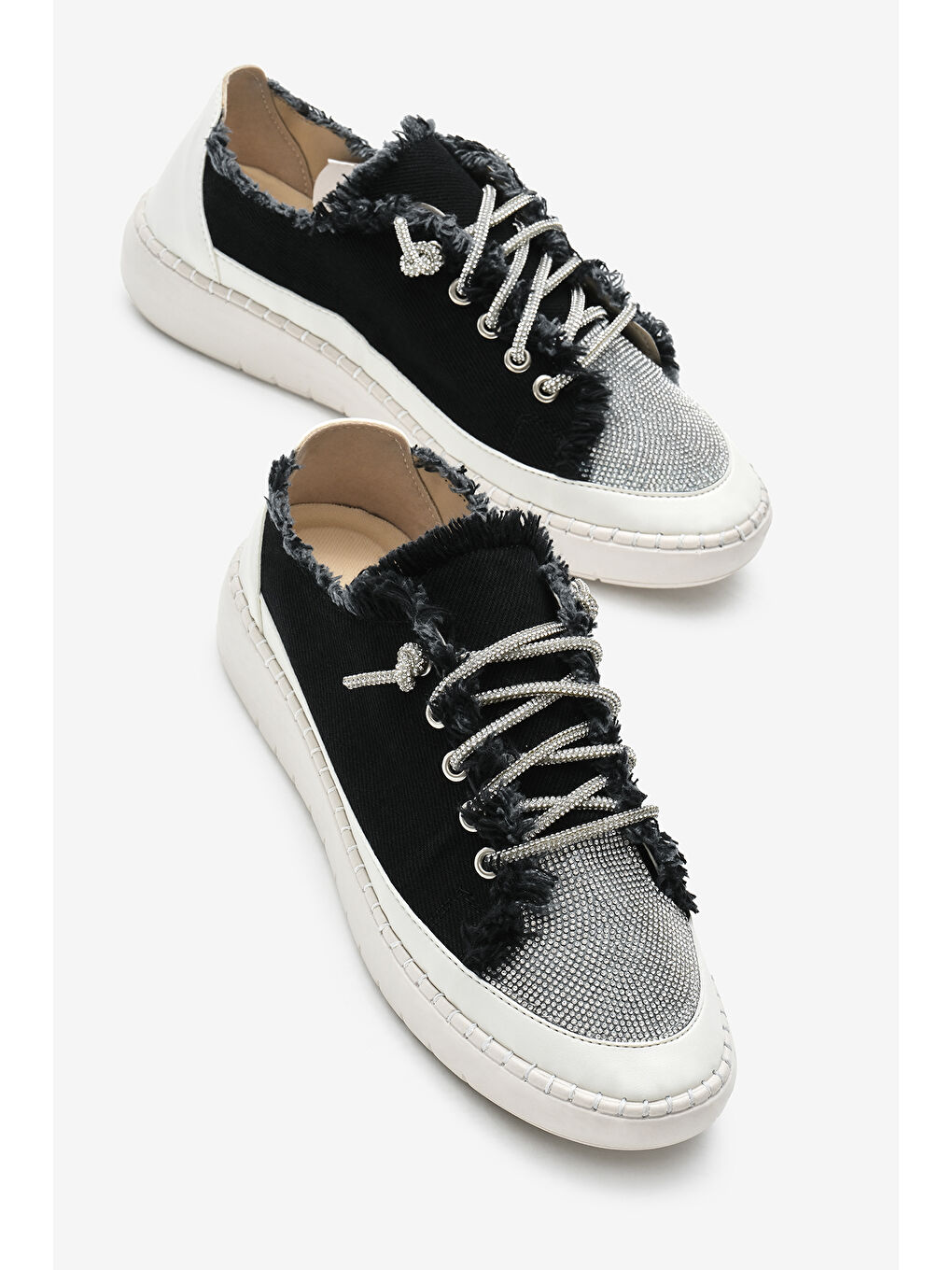 Kadın Siyah Poli Taban Denim Kumaş Taşlı Bağcıklı Spor Ayakkabı-2