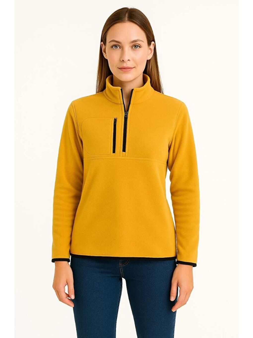 Sarı Polar Kazak – Dik Yaka, Yarım Fermuarlı, Fermuarlı Göğüs Cepli, Siyah Biyeli, Kışlık Rahat Regular F-3