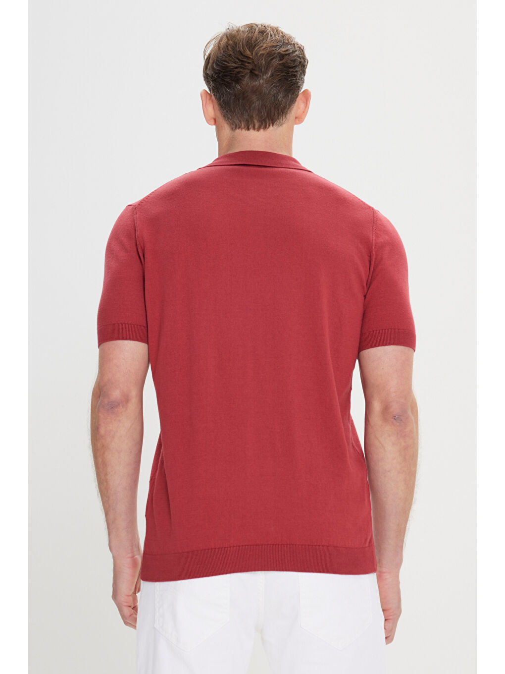 Erkek Bordo %100 Pamuk Standart Fit Normal Kesim Jakarlı Kendinden Desenli Polo Yaka Triko Kazak-4